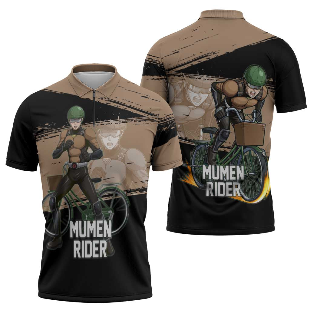 Mumen Rider One Punch Man Anime Brown and Black Zipper Polo Shirt with Bicycle Hero Pose and Inspirational Determination Design - The Mazicc