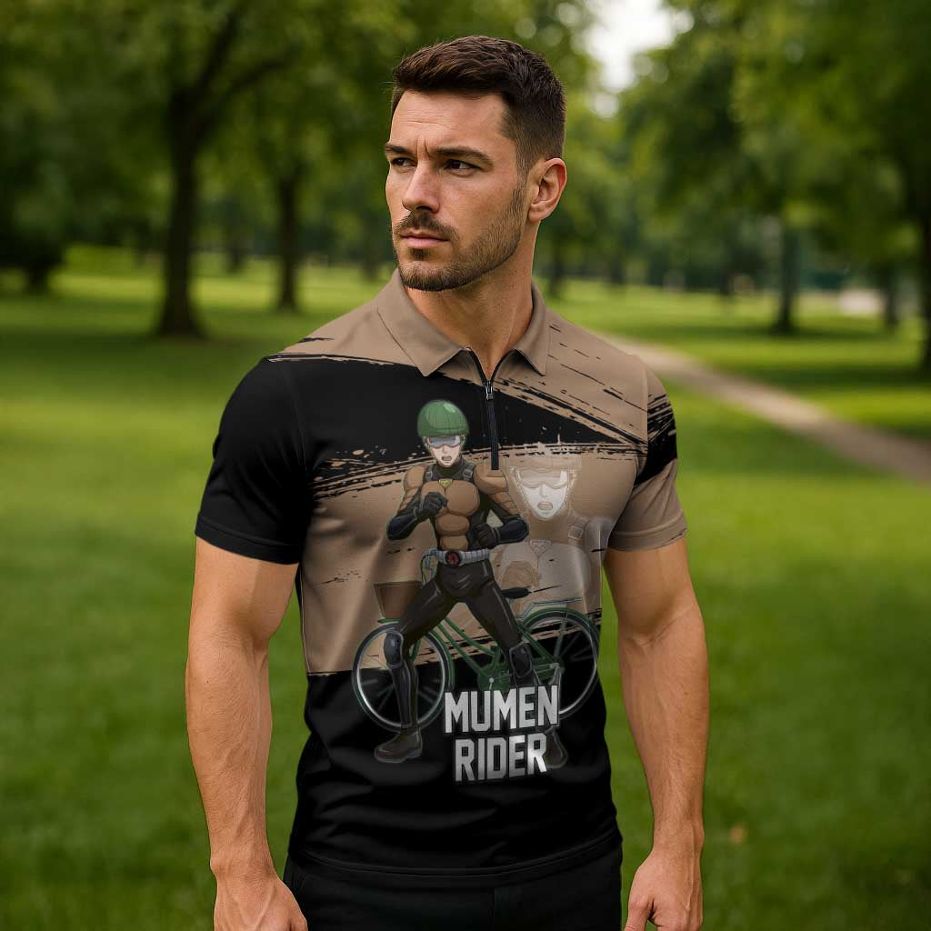 Mumen Rider One Punch Man Anime Brown and Black Zipper Polo Shirt with Bicycle Hero Pose and Inspirational Determination Design - The Mazicc