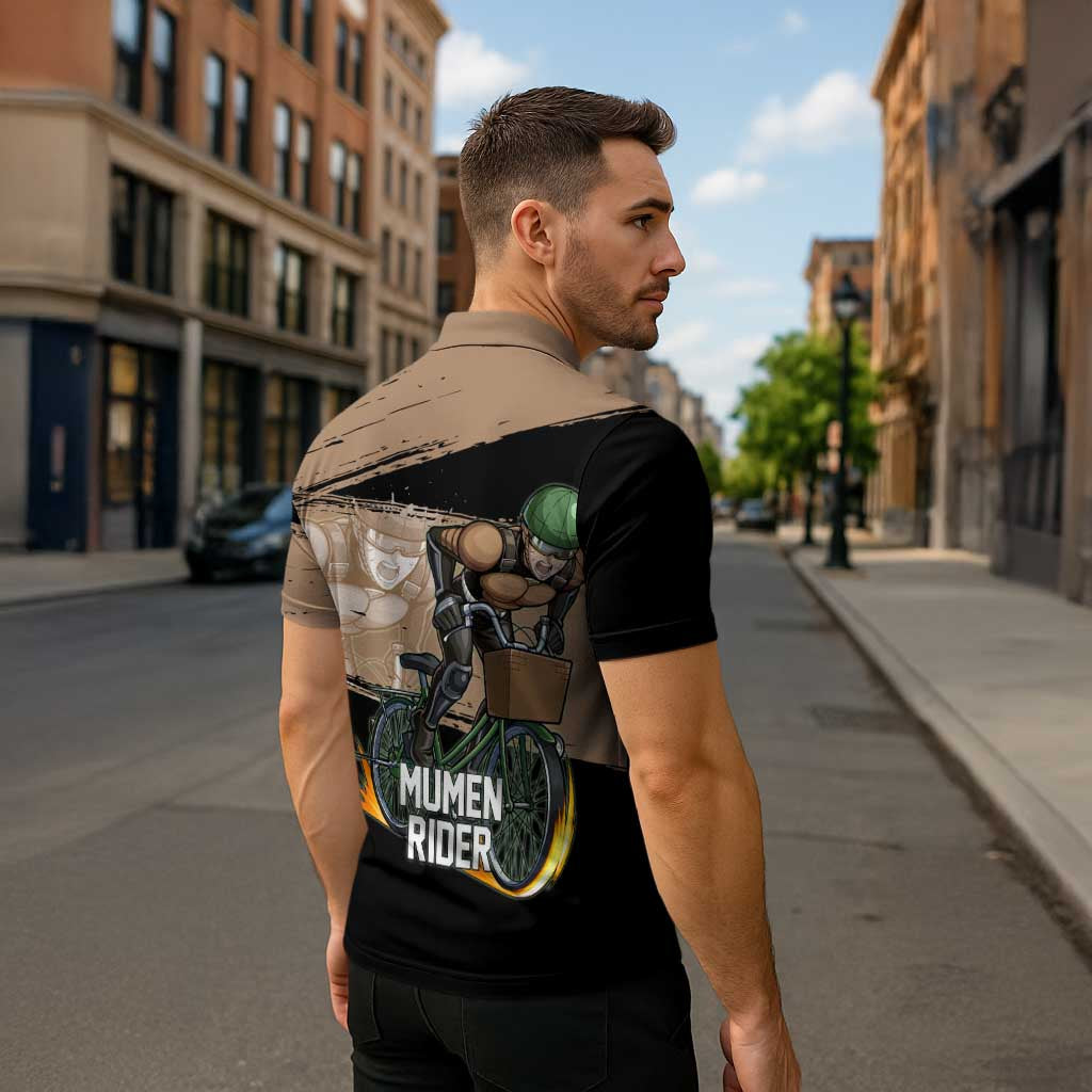 Mumen Rider One Punch Man Anime Brown and Black Zipper Polo Shirt with Bicycle Hero Pose and Inspirational Determination Design - The Mazicc
