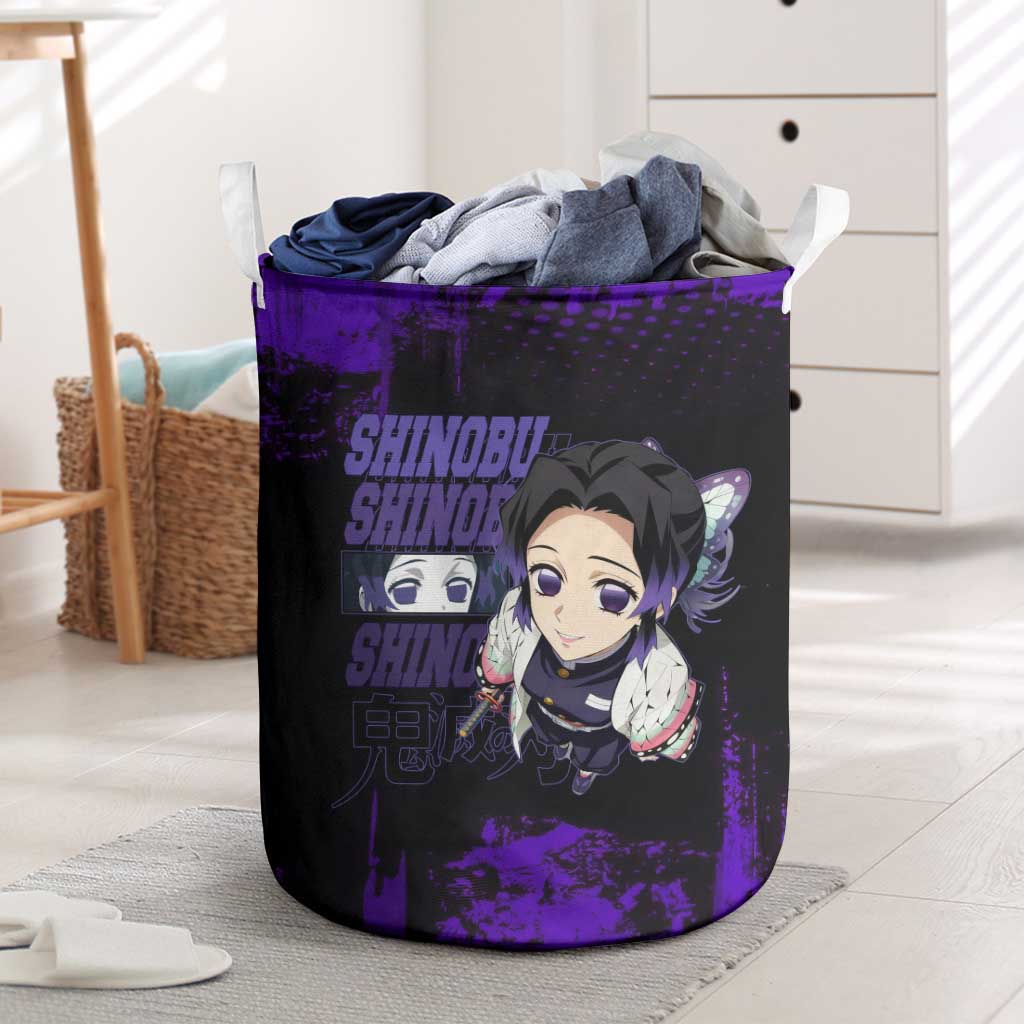 Shinobu Kocho Demon Slayer Purple Grunge Design Laundry Basket with Butterfly Theme and Calm Expression - The Mazicc