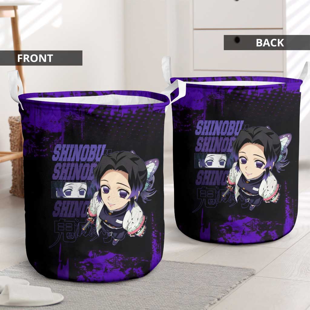 Shinobu Kocho Demon Slayer Purple Grunge Design Laundry Basket with Butterfly Theme and Calm Expression - The Mazicc