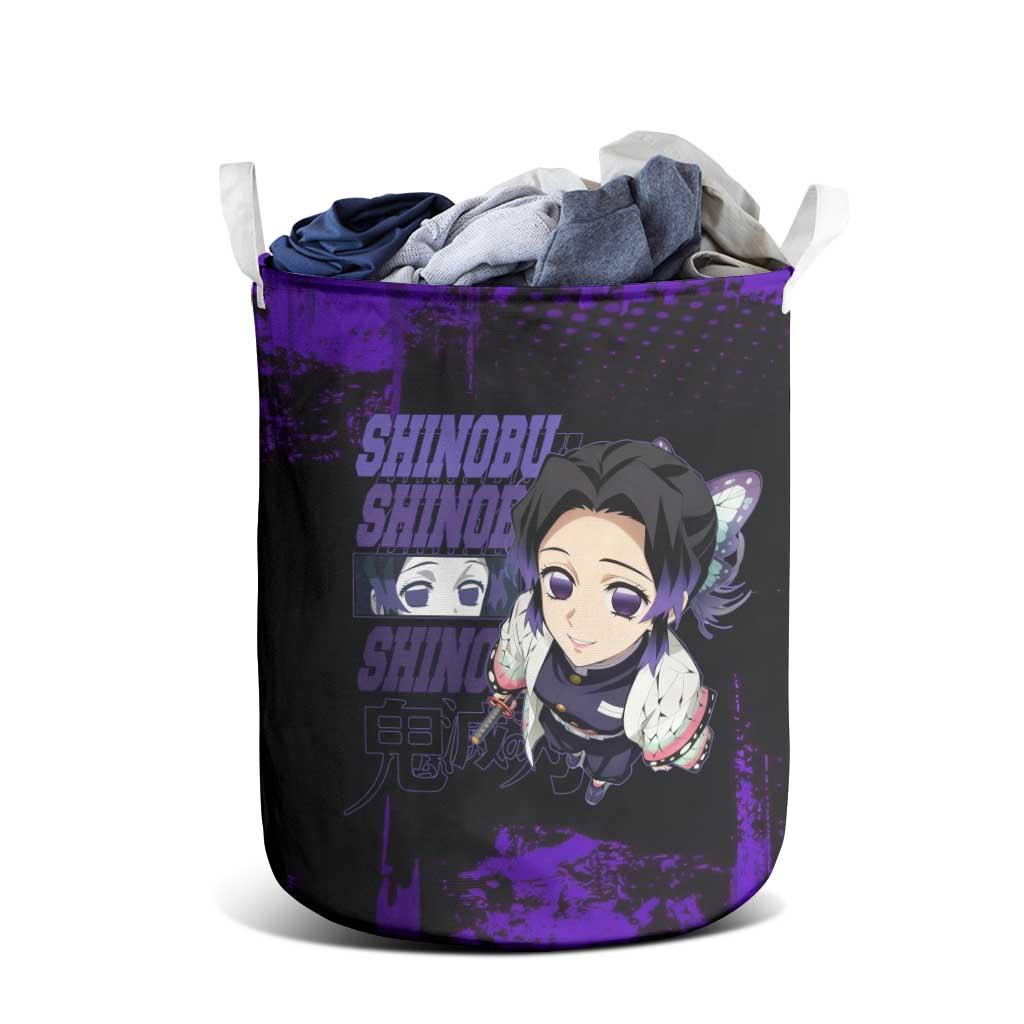 Shinobu Kocho Demon Slayer Purple Grunge Design Laundry Basket with Butterfly Theme and Calm Expression - The Mazicc