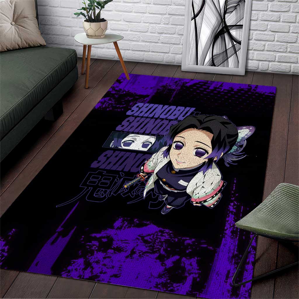 Shinobu Kocho Demon Slayer Purple Grunge Design Area Rug with Butterfly Theme and Calm Expression - The Mazicc