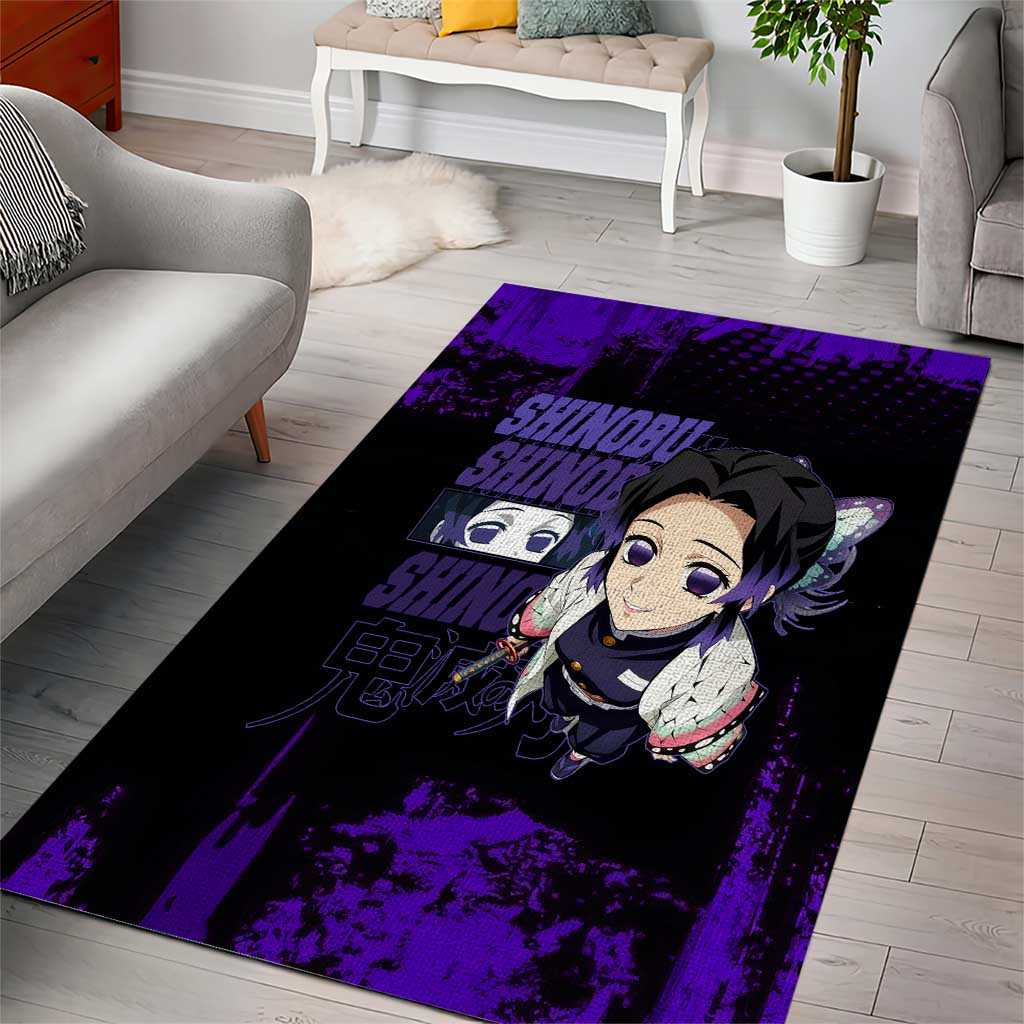 Shinobu Kocho Demon Slayer Purple Grunge Design Area Rug with Butterfly Theme and Calm Expression - The Mazicc
