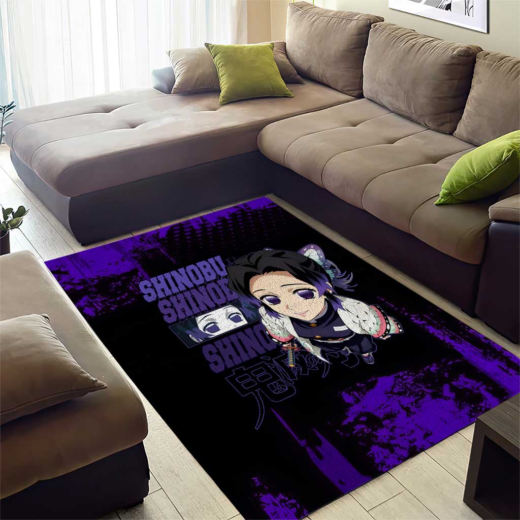 Shinobu Kocho Demon Slayer Purple Grunge Design Area Rug with Butterfly Theme and Calm Expression - The Mazicc