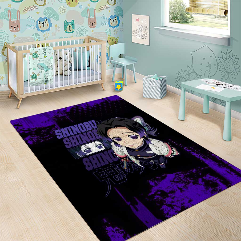 Shinobu Kocho Demon Slayer Purple Grunge Design Area Rug with Butterfly Theme and Calm Expression - The Mazicc