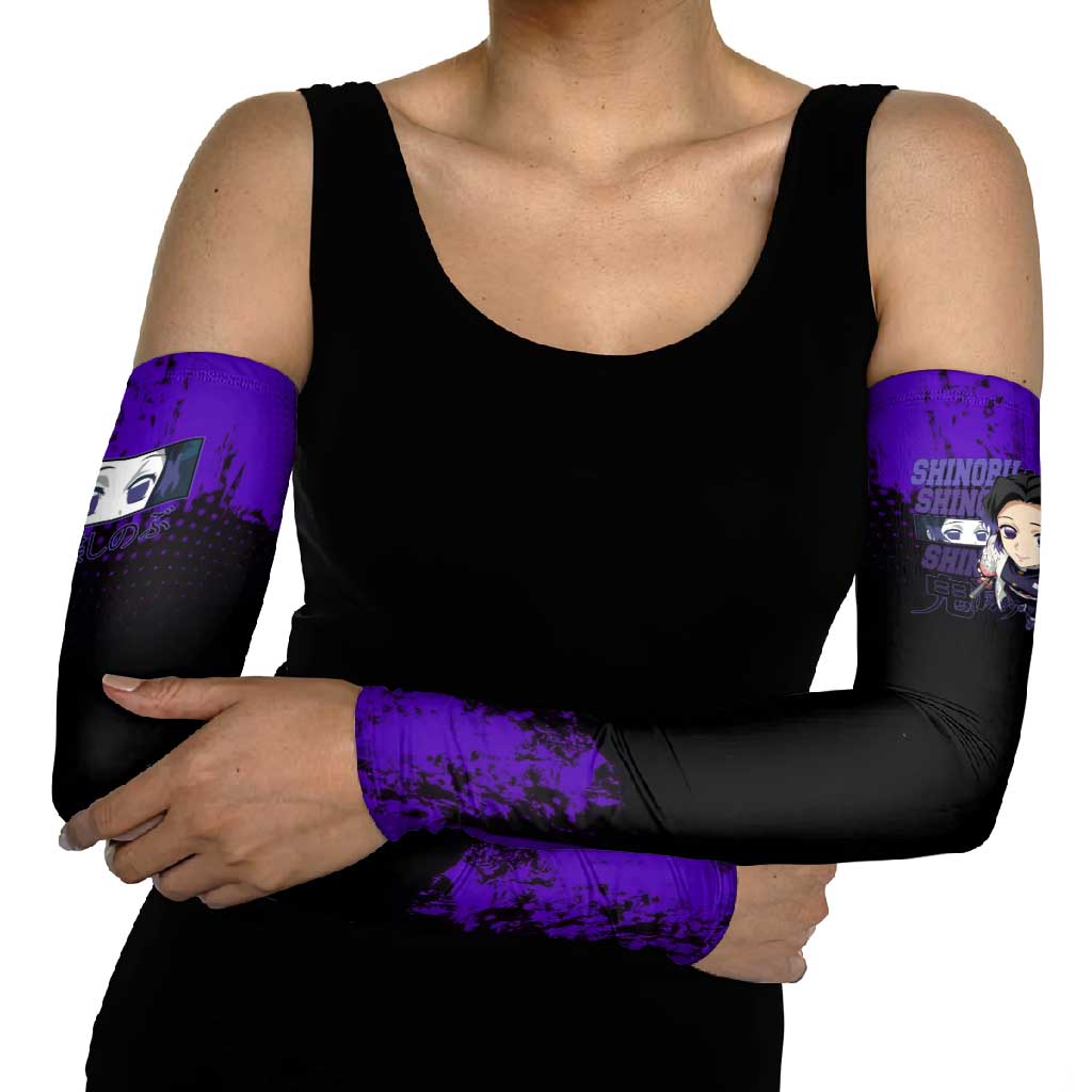 Shinobu Kocho Demon Slayer Purple Grunge Design Arm Sleeves with Butterfly Theme and Calm Expression - The Mazicc