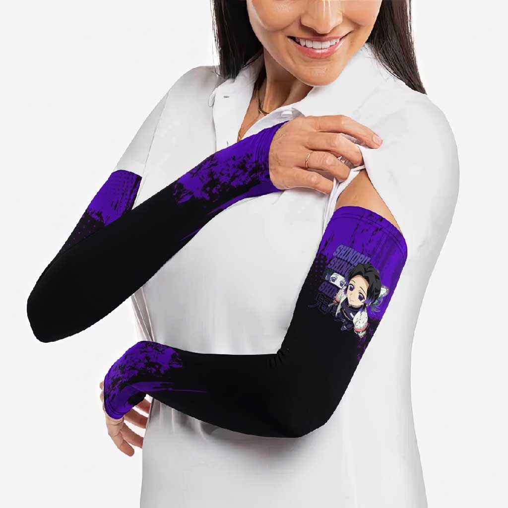 Shinobu Kocho Demon Slayer Purple Grunge Design Arm Sleeves with Butterfly Theme and Calm Expression - The Mazicc