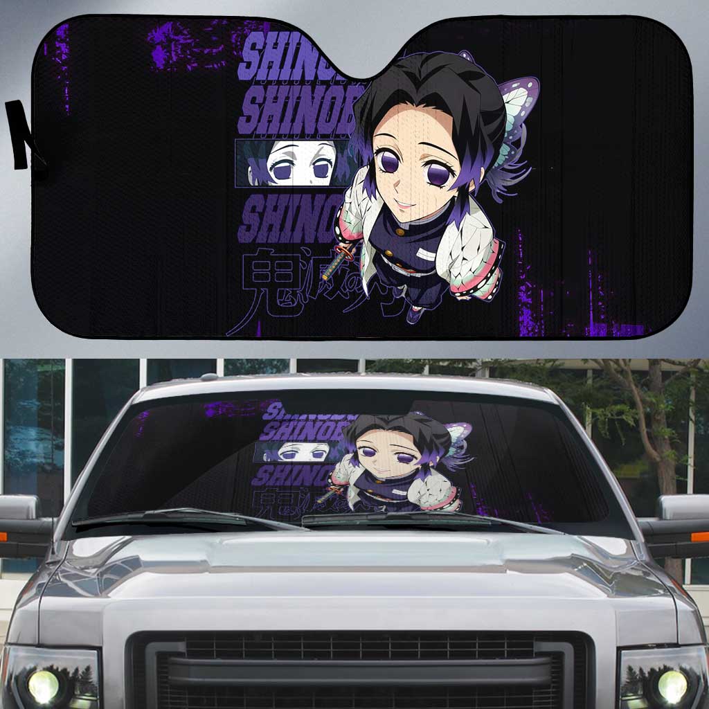 Shinobu Kocho Demon Slayer Purple Grunge Design Auto Sun Shade with Butterfly Theme and Calm Expression - The Mazicc