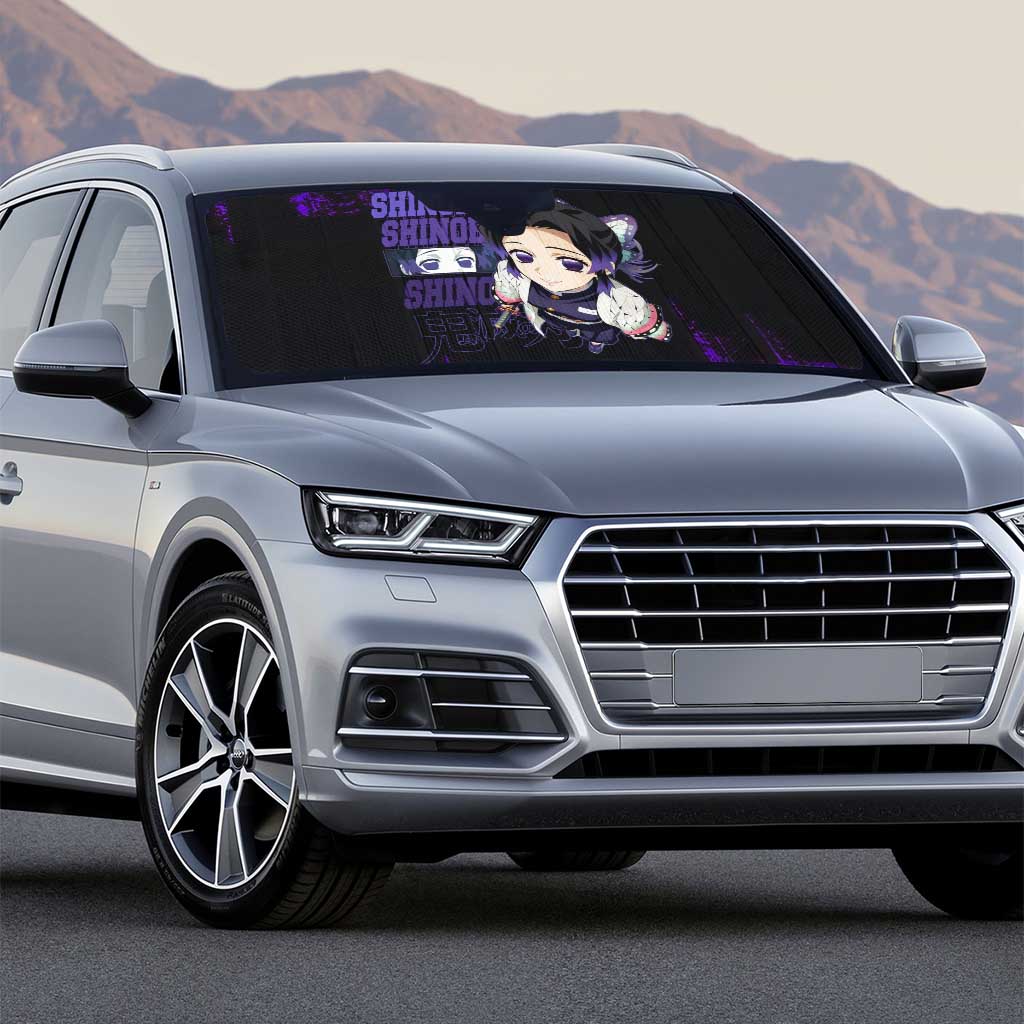 Shinobu Kocho Demon Slayer Purple Grunge Design Auto Sun Shade with Butterfly Theme and Calm Expression - The Mazicc