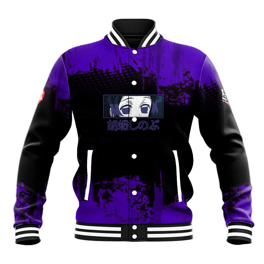 Shinobu Kocho Demon Slayer Purple Grunge Design Baseball Jacket with Butterfly Theme and Calm Expression - The Mazicc
