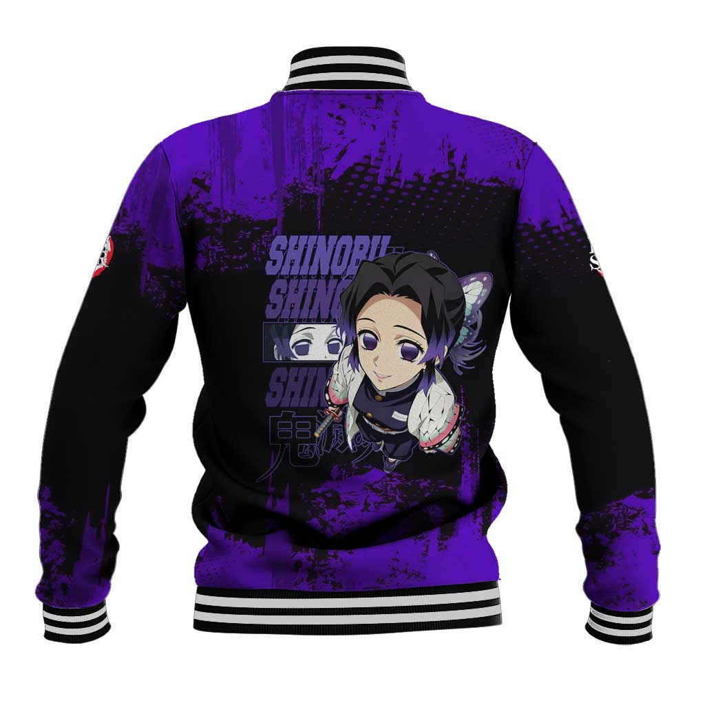 Shinobu Kocho Demon Slayer Purple Grunge Design Baseball Jacket with Butterfly Theme and Calm Expression - The Mazicc