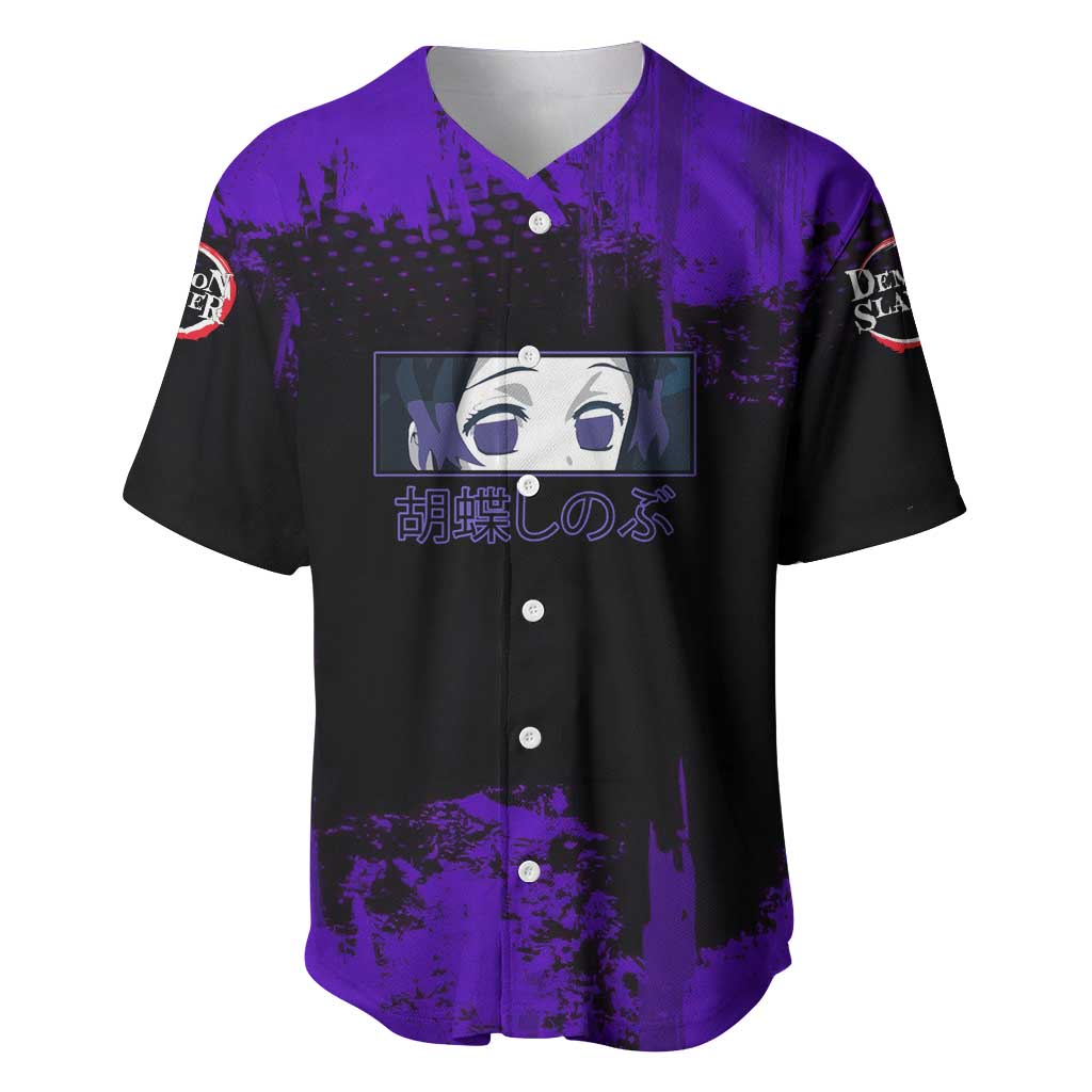 Shinobu Kocho Demon Slayer Purple Grunge Design Baseball Jersey with Butterfly Theme and Calm Expression - The Mazicc