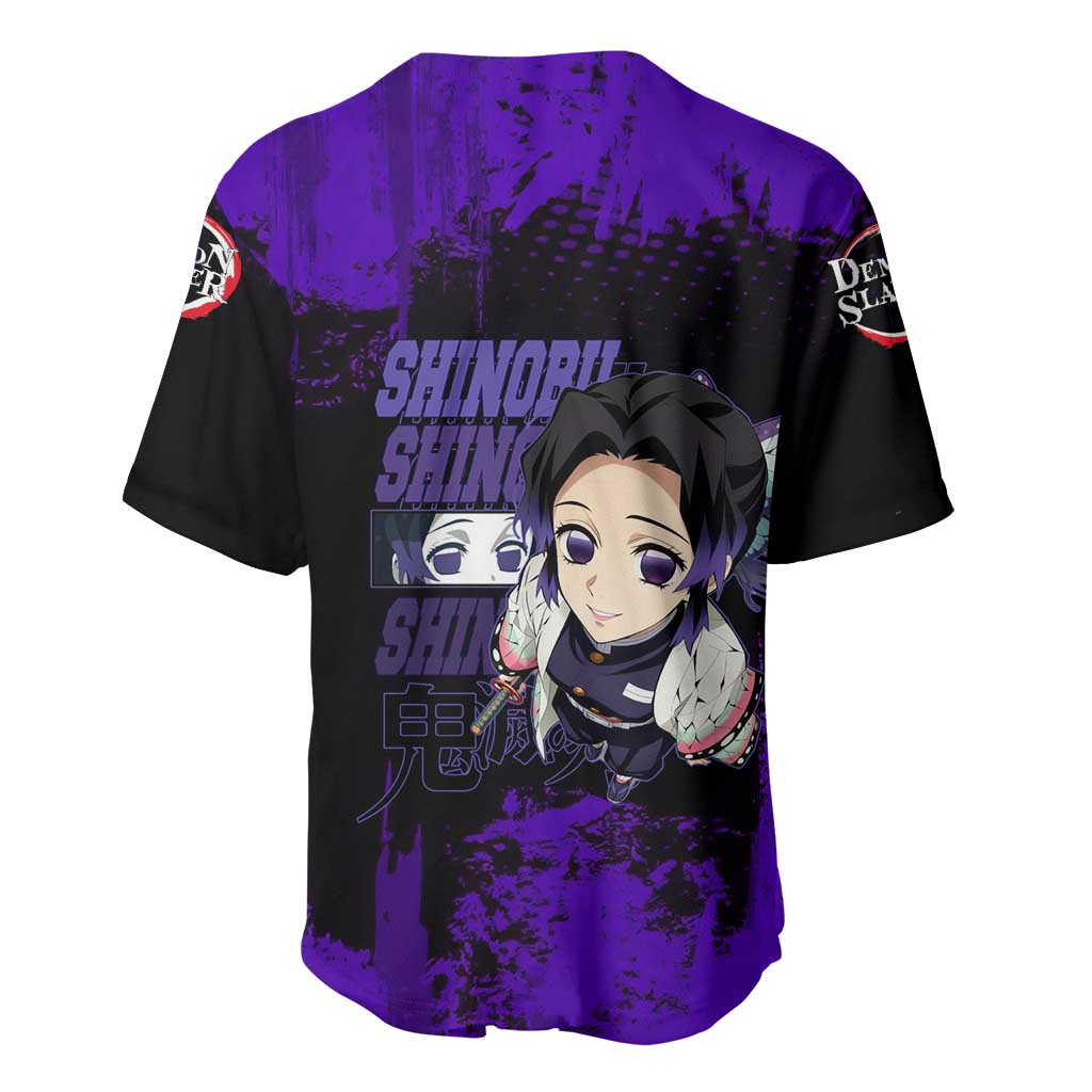 Shinobu Kocho Demon Slayer Purple Grunge Design Baseball Jersey with Butterfly Theme and Calm Expression - The Mazicc