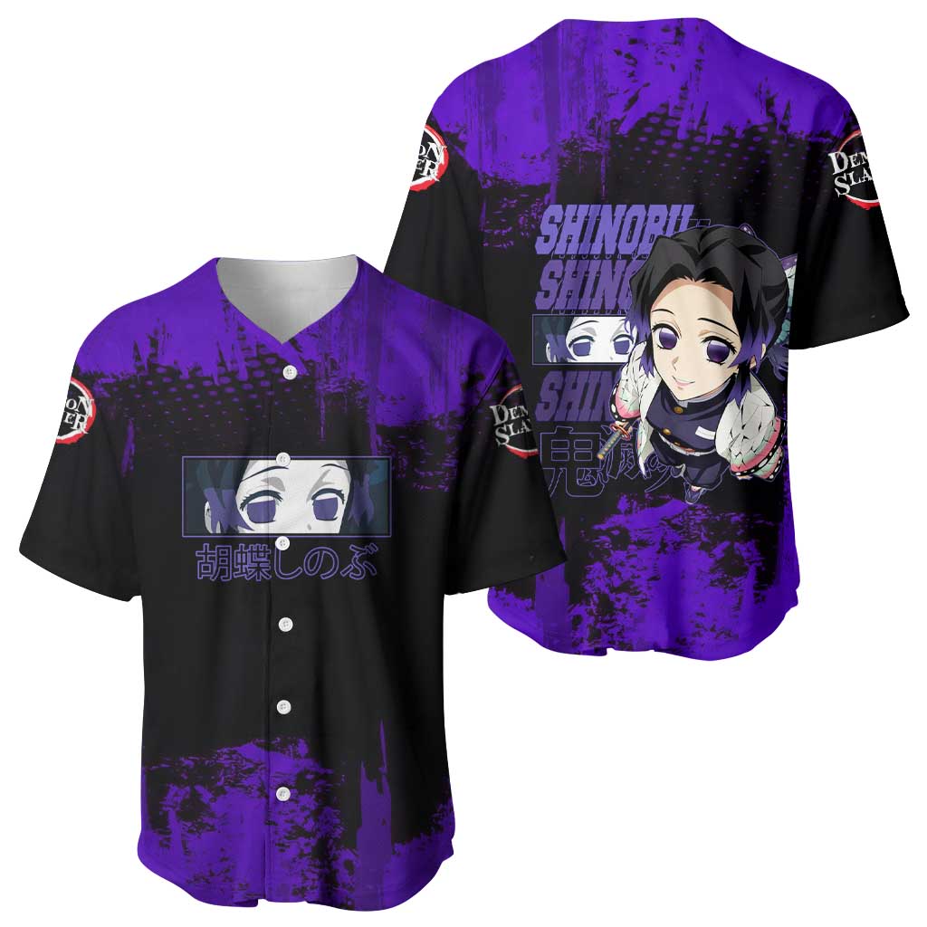 Shinobu Kocho Demon Slayer Purple Grunge Design Baseball Jersey with Butterfly Theme and Calm Expression - The Mazicc