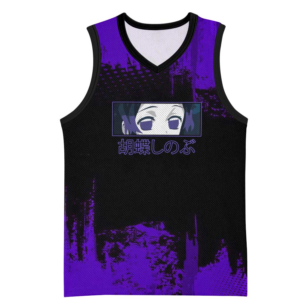 Shinobu Kocho Demon Slayer Purple Grunge Design Basketball Jersey with Butterfly Theme and Calm Expression - The Mazicc