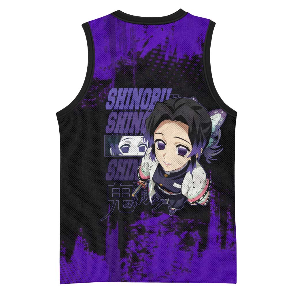 Shinobu Kocho Demon Slayer Purple Grunge Design Basketball Jersey with Butterfly Theme and Calm Expression - The Mazicc