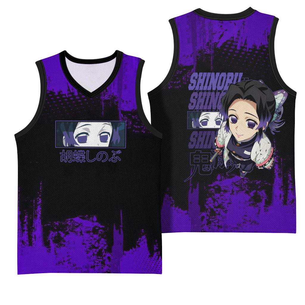 Shinobu Kocho Demon Slayer Purple Grunge Design Basketball Jersey with Butterfly Theme and Calm Expression - The Mazicc