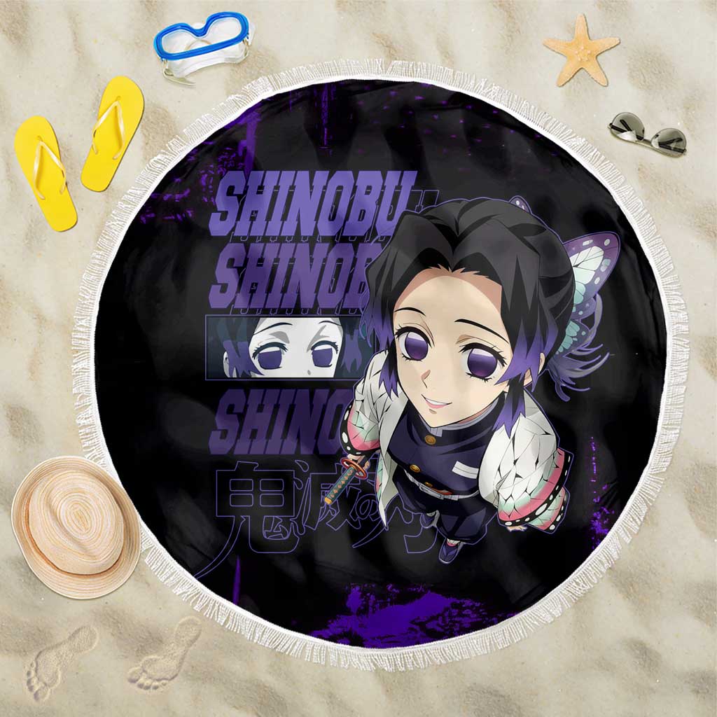 Shinobu Kocho Demon Slayer Purple Grunge Design Beach Blanket with Butterfly Theme and Calm Expression - The Mazicc