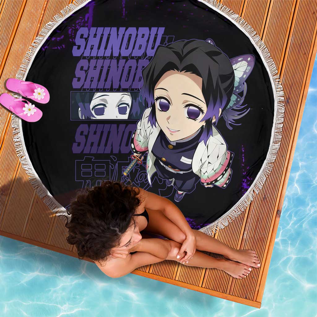 Shinobu Kocho Demon Slayer Purple Grunge Design Beach Blanket with Butterfly Theme and Calm Expression - The Mazicc