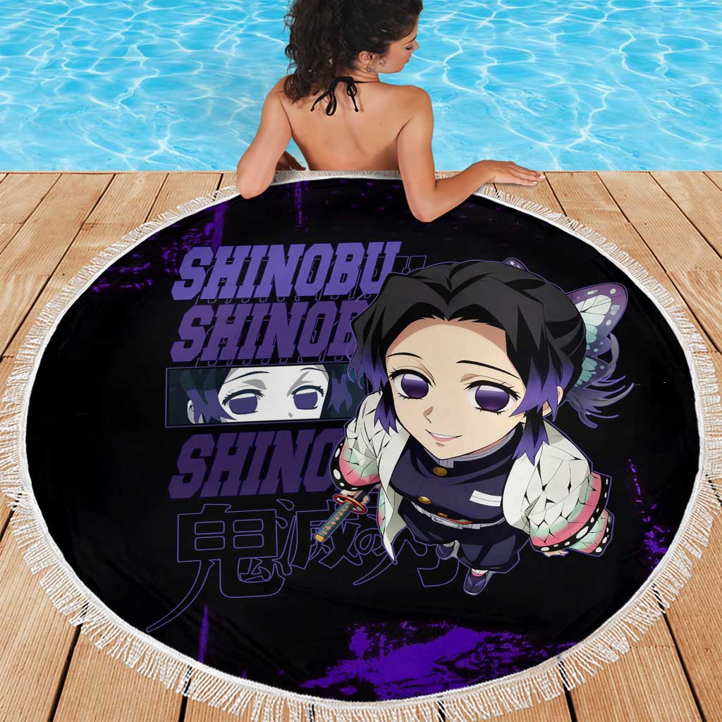 Shinobu Kocho Demon Slayer Purple Grunge Design Beach Blanket with Butterfly Theme and Calm Expression - The Mazicc