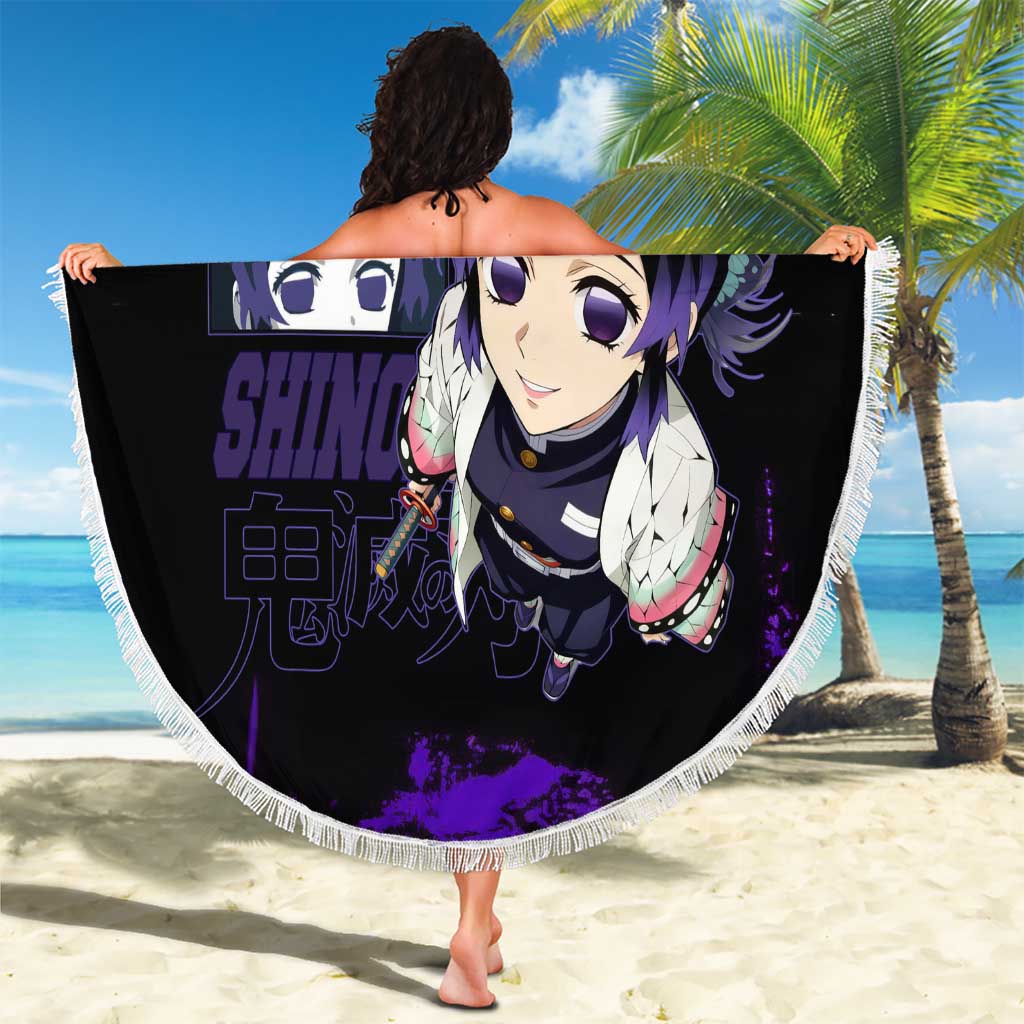 Shinobu Kocho Demon Slayer Purple Grunge Design Beach Blanket with Butterfly Theme and Calm Expression - The Mazicc