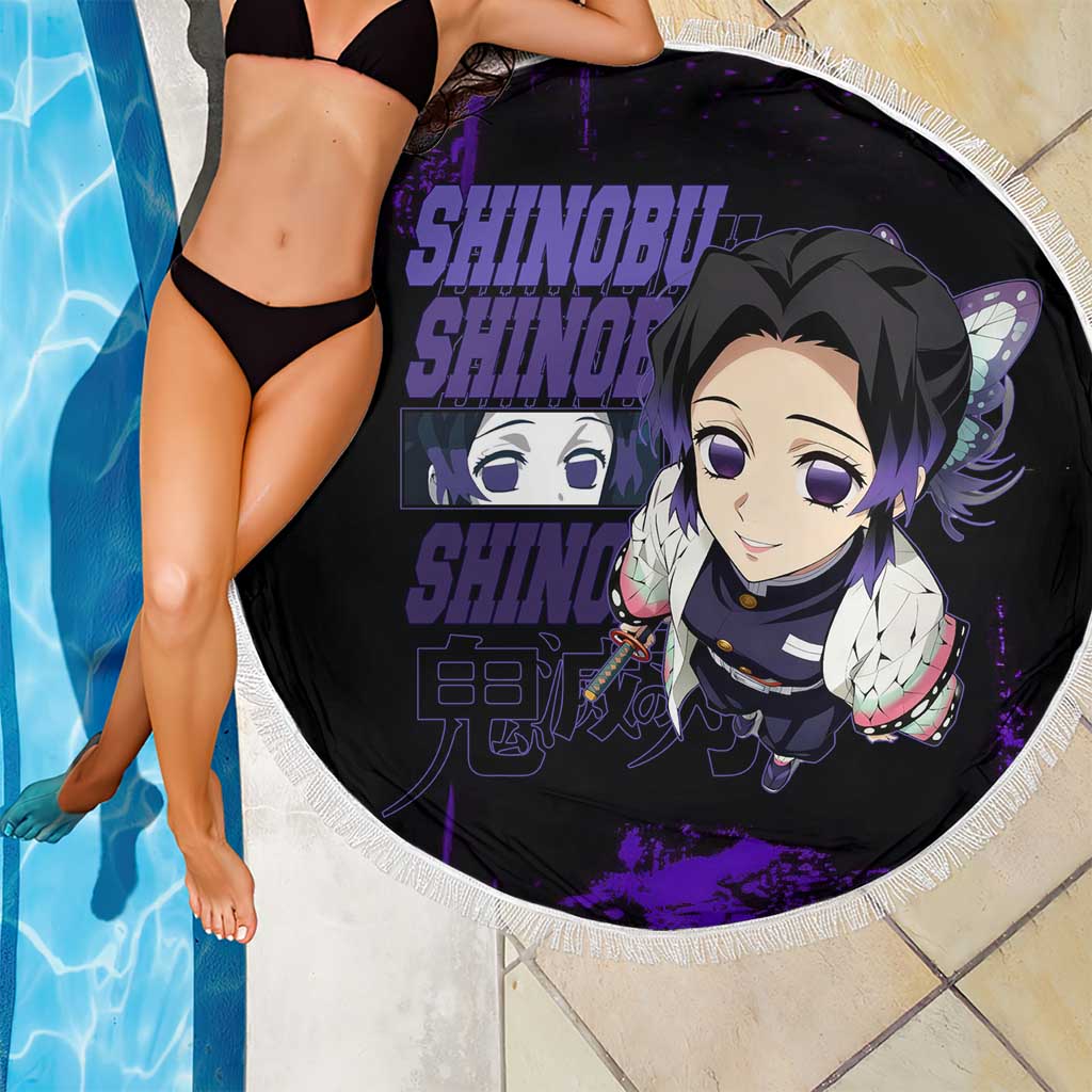 Shinobu Kocho Demon Slayer Purple Grunge Design Beach Blanket with Butterfly Theme and Calm Expression - The Mazicc