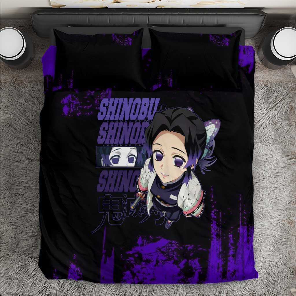Shinobu Kocho Demon Slayer Purple Grunge Design Bedding Set with Butterfly Theme and Calm Expression - The Mazicc