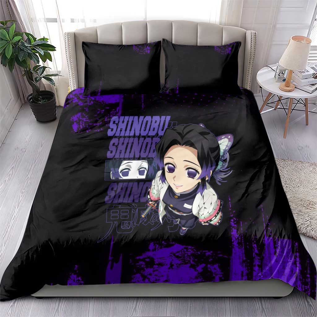 Shinobu Kocho Demon Slayer Purple Grunge Design Bedding Set with Butterfly Theme and Calm Expression - The Mazicc