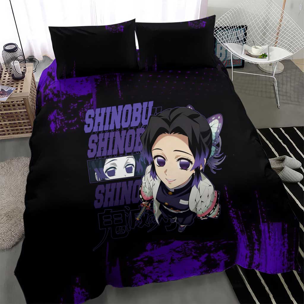 Shinobu Kocho Demon Slayer Purple Grunge Design Bedding Set with Butterfly Theme and Calm Expression - The Mazicc