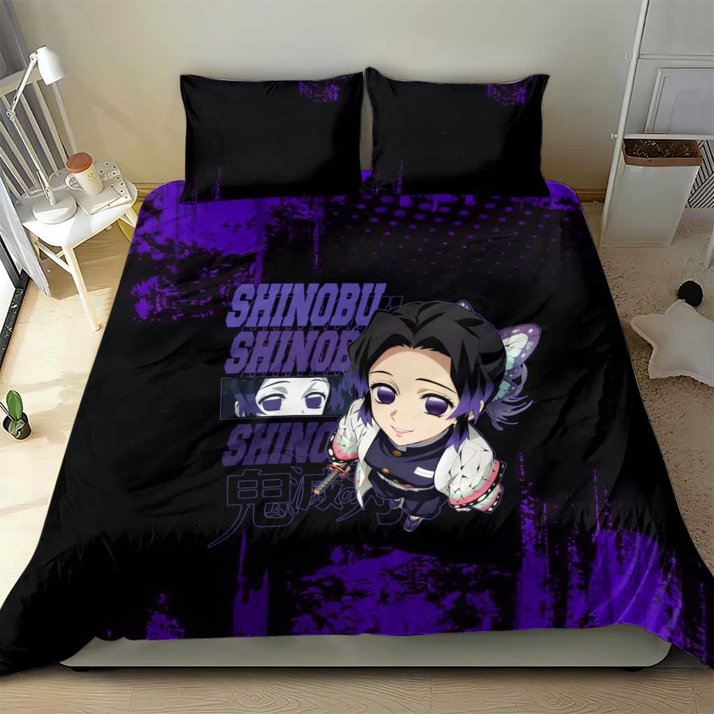 Shinobu Kocho Demon Slayer Purple Grunge Design Bedding Set with Butterfly Theme and Calm Expression - The Mazicc