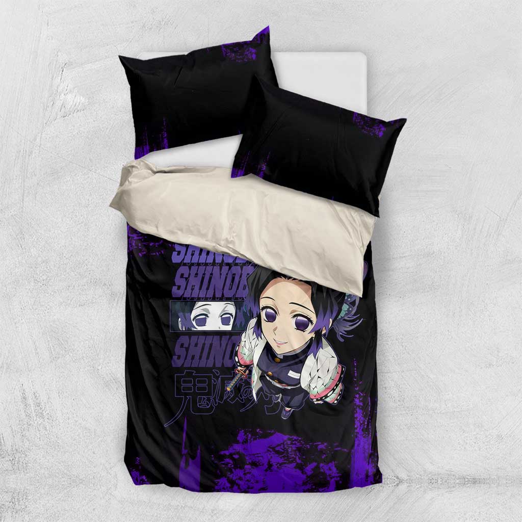 Shinobu Kocho Demon Slayer Purple Grunge Design Bedding Set with Butterfly Theme and Calm Expression - The Mazicc