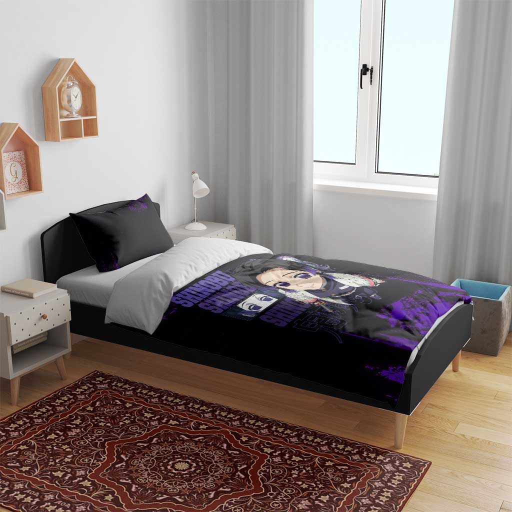 Shinobu Kocho Demon Slayer Purple Grunge Design Bedding Set with Butterfly Theme and Calm Expression - The Mazicc