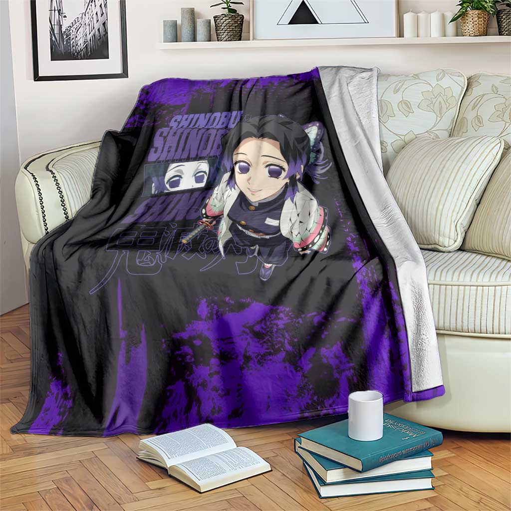 Shinobu Kocho Demon Slayer Purple Grunge Design Blanket with Butterfly Theme and Calm Expression - The Mazicc