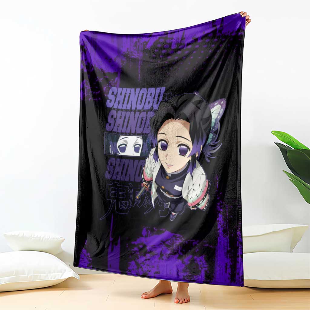Shinobu Kocho Demon Slayer Purple Grunge Design Blanket with Butterfly Theme and Calm Expression - The Mazicc