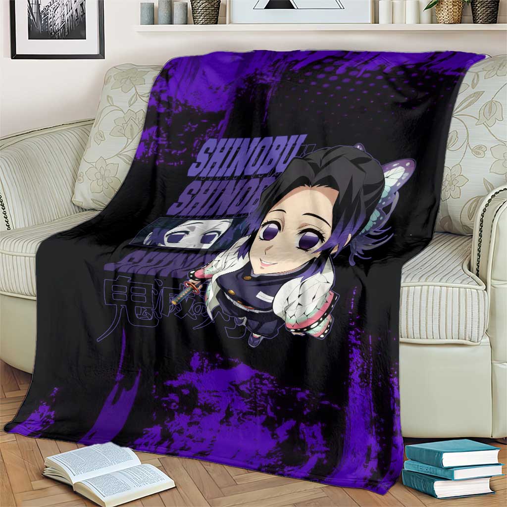 Shinobu Kocho Demon Slayer Purple Grunge Design Blanket with Butterfly Theme and Calm Expression - The Mazicc