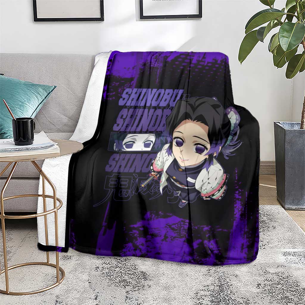 Shinobu Kocho Demon Slayer Purple Grunge Design Blanket with Butterfly Theme and Calm Expression - The Mazicc