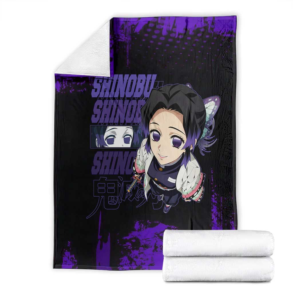 Shinobu Kocho Demon Slayer Purple Grunge Design Blanket with Butterfly Theme and Calm Expression - The Mazicc