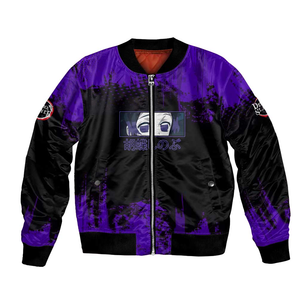 Shinobu Kocho Demon Slayer Purple Grunge Design Bomber Jacket with Butterfly Theme and Calm Expression - The Mazicc