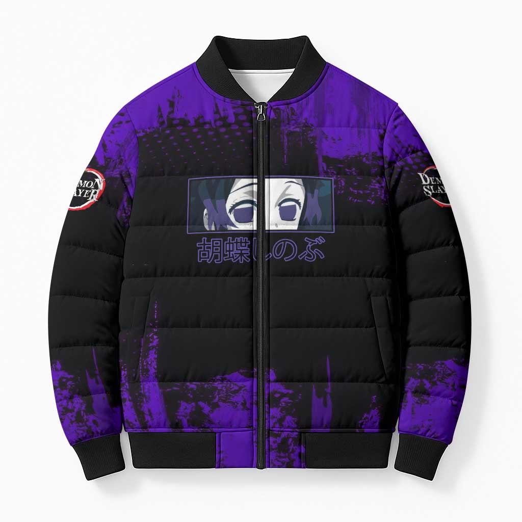 Shinobu Kocho Demon Slayer Purple Grunge Design Bomber Puffer Jacket with Butterfly Theme and Calm Expression - The Mazicc