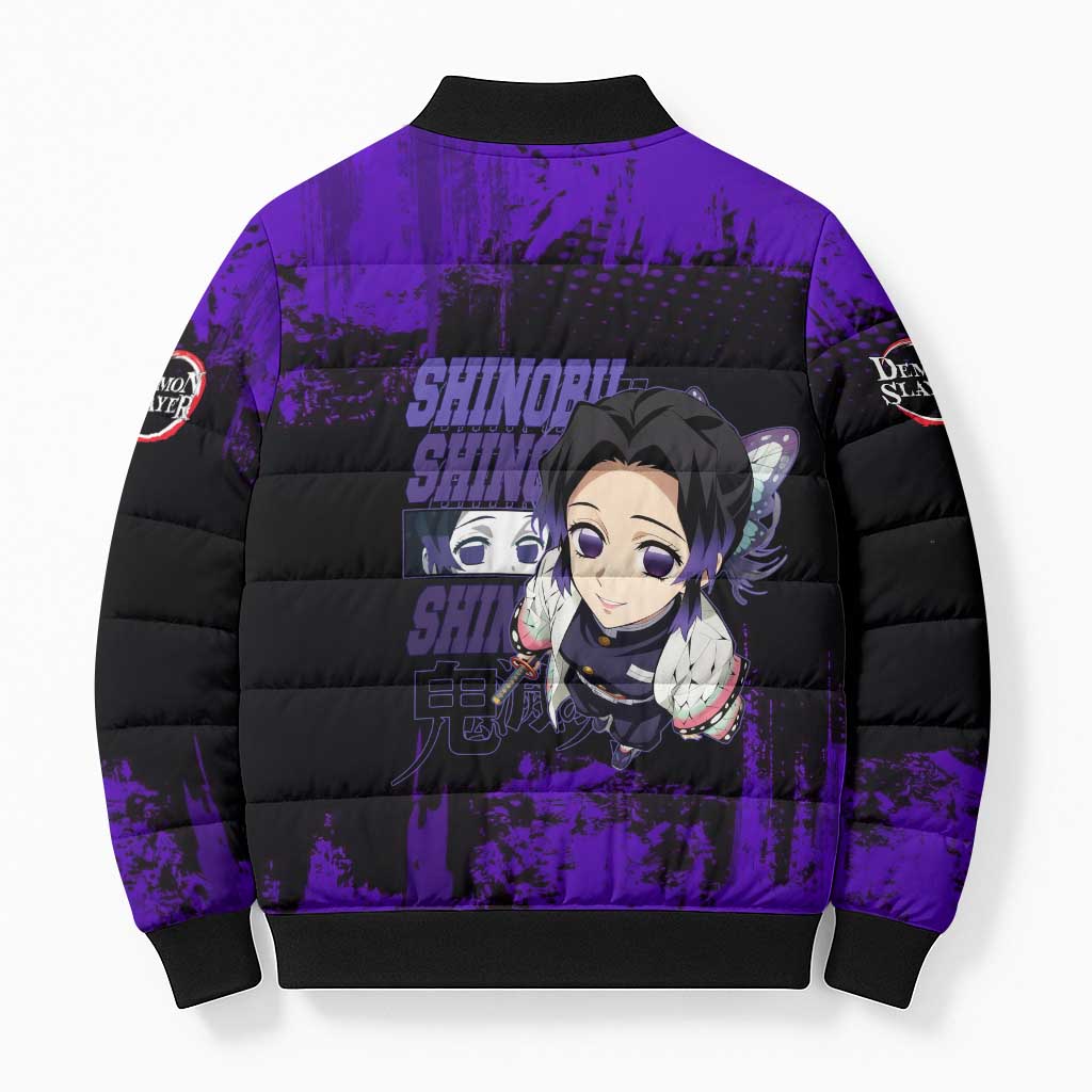 Shinobu Kocho Demon Slayer Purple Grunge Design Bomber Puffer Jacket with Butterfly Theme and Calm Expression - The Mazicc