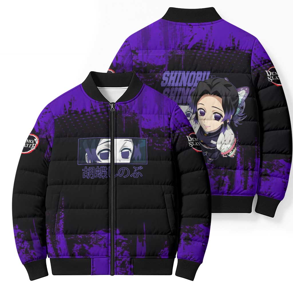 Shinobu Kocho Demon Slayer Purple Grunge Design Bomber Puffer Jacket with Butterfly Theme and Calm Expression - The Mazicc