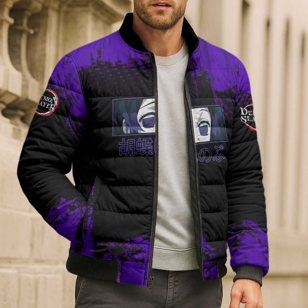 Shinobu Kocho Demon Slayer Purple Grunge Design Bomber Puffer Jacket with Butterfly Theme and Calm Expression - The Mazicc