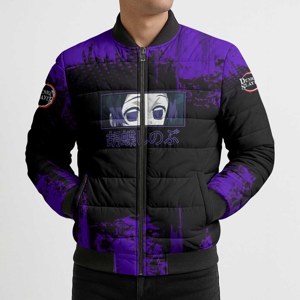 Shinobu Kocho Demon Slayer Purple Grunge Design Bomber Puffer Jacket with Butterfly Theme and Calm Expression - The Mazicc