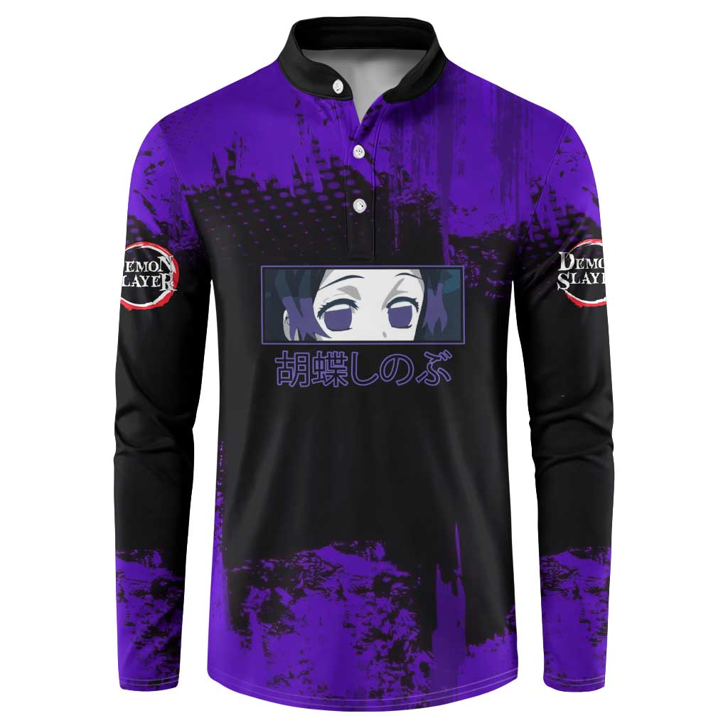Shinobu Kocho Demon Slayer Purple Grunge Design Button Sweatshirt with Butterfly Theme and Calm Expression - The Mazicc