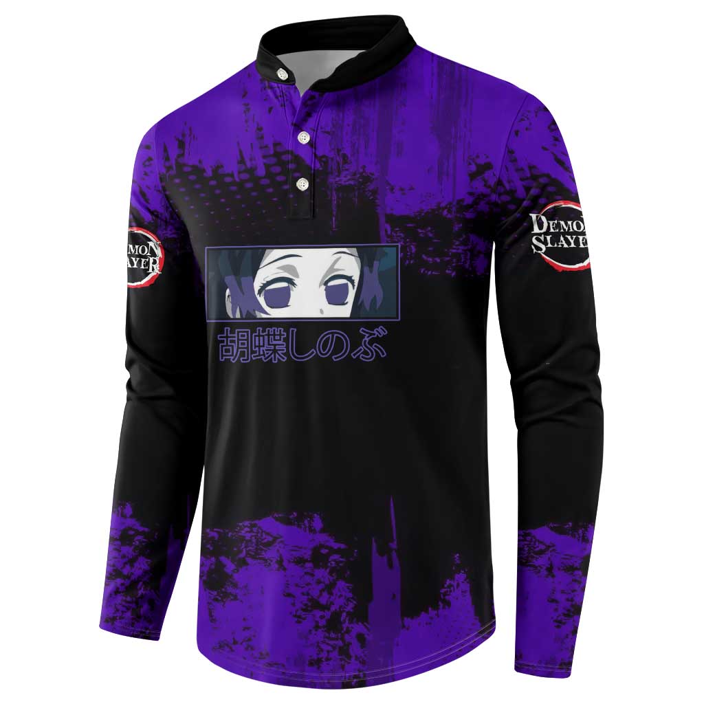 Shinobu Kocho Demon Slayer Purple Grunge Design Button Sweatshirt with Butterfly Theme and Calm Expression - The Mazicc