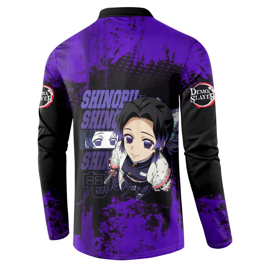 Shinobu Kocho Demon Slayer Purple Grunge Design Button Sweatshirt with Butterfly Theme and Calm Expression - The Mazicc