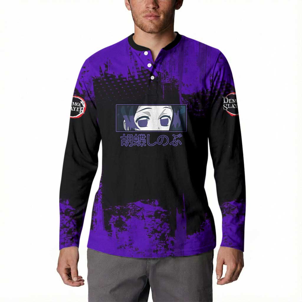Shinobu Kocho Demon Slayer Purple Grunge Design Button Sweatshirt with Butterfly Theme and Calm Expression - The Mazicc