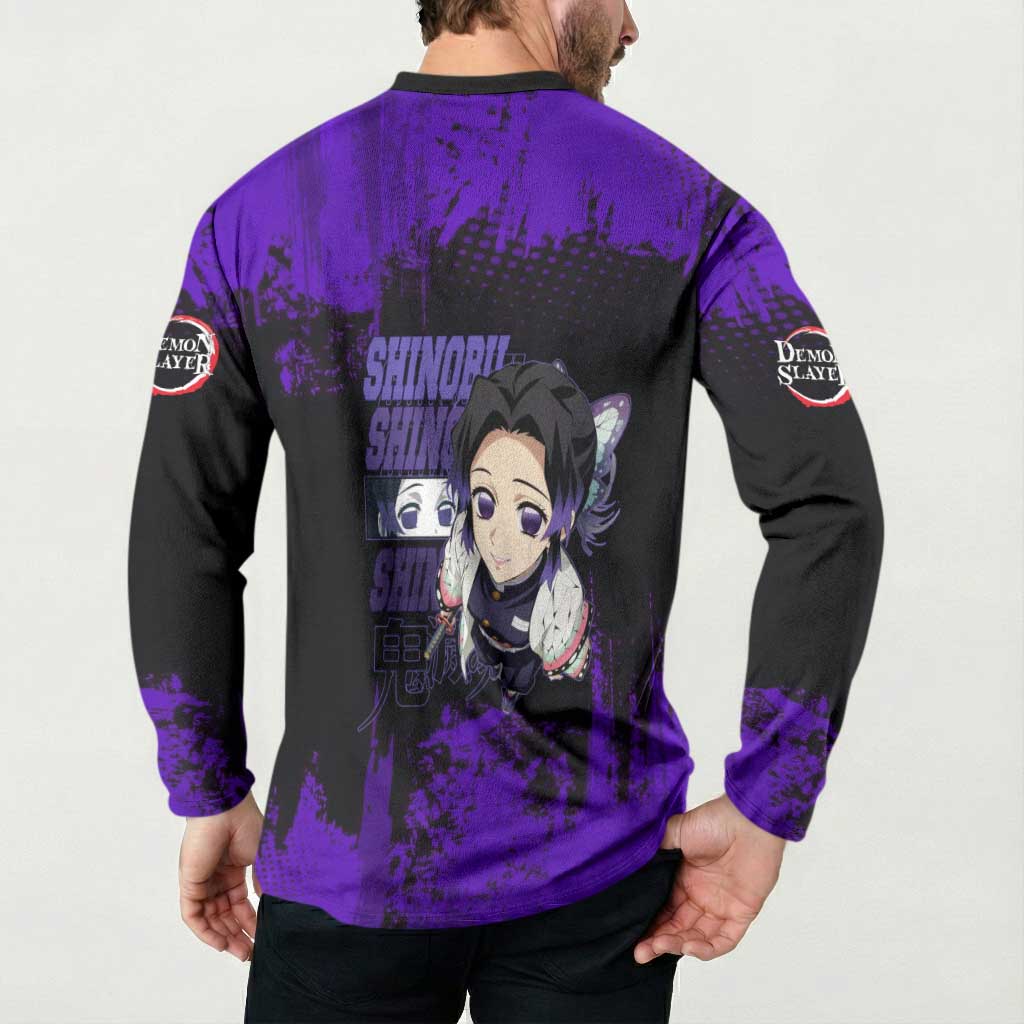 Shinobu Kocho Demon Slayer Purple Grunge Design Button Sweatshirt with Butterfly Theme and Calm Expression - The Mazicc