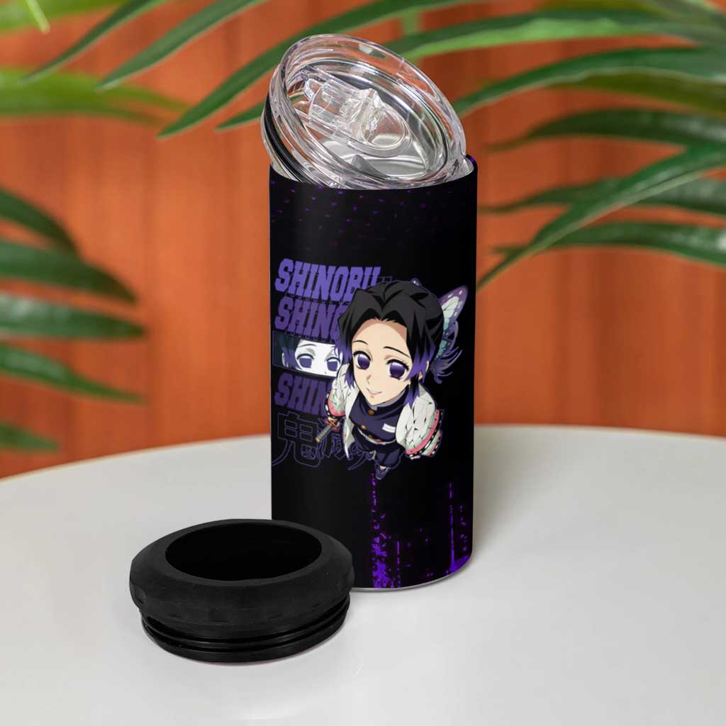Shinobu Kocho Demon Slayer Purple Grunge Design 4 in 1 Can Cooler Tumbler with Butterfly Theme and Calm Expression - The Mazicc